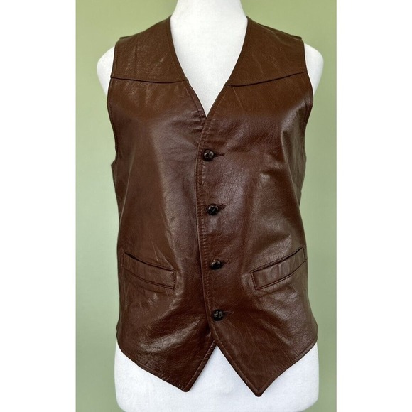 jcpenney Jackets & Blazers - Vtg 70s Pioneer Leather Vest Mens Sz S Western Cowboy Equestrian Button Down​​​